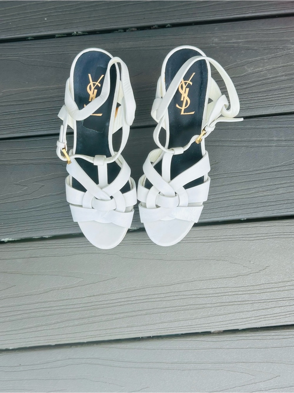 Saint Laurent Tribute White Braided Leather Heeled Sandals with Gold Accent